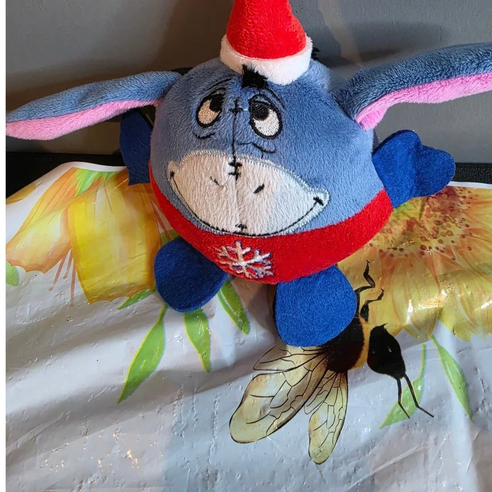 Disney Eeyore Christmas Santa Hat Snowflake Squeaky Plush Dog Toy Blue Red